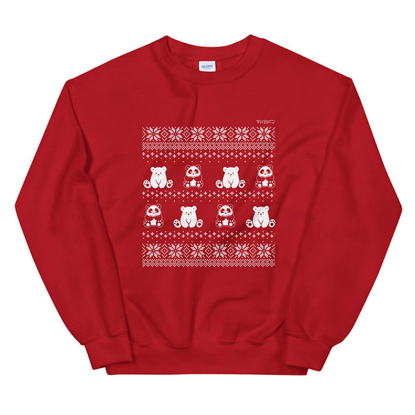 Winter Holiday Panda Sweater design by P.M.B.Q. Studios. This design simulates a wintry knit pattern and features the Polo Cub character and his adorable panda friend. The design is white printed on a unisex red crewneck sweatshirt.