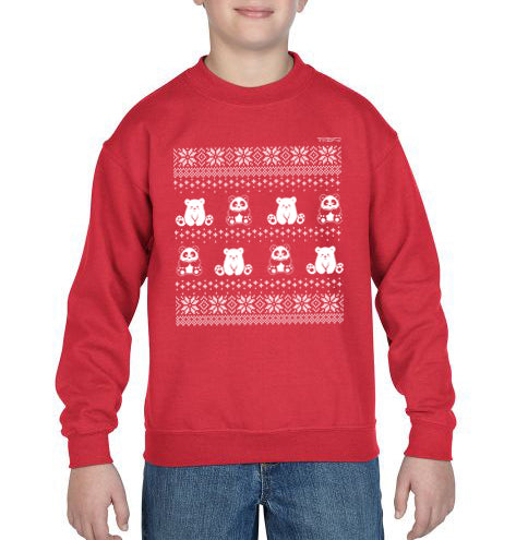 Winter Holiday Sweater design by P.M.B.Q. Studios. This design simulates a wintry knit pattern and features the Polo Cub character and his adorable panda friend. The design is white printed on a youth red crewneck sweatshirt and is worn by a boy model.