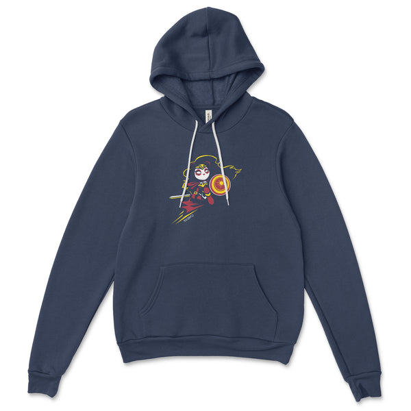Wonderous Panda, a heroic raven-haired panda drawn by P.M.B.Q. Studios, kneels with her sword and shield ready for battle. This design is printed in white, red and yellow ink on a navy pullover hoodie.