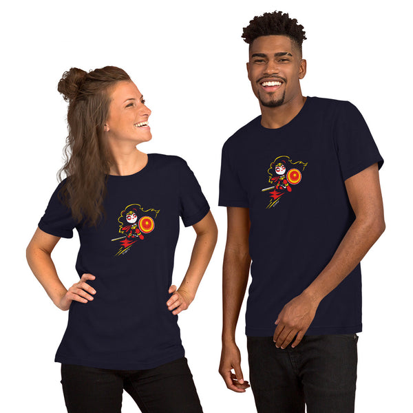Wonderous Panda, a heroic raven-haired panda drawn by P.M.B.Q. Studios, kneels with her sword and shield ready for battle. This design is printed in white, red and yellow ink on a navy unisex t-shirt. A female and male model are both wearing t-shirts with this design.
