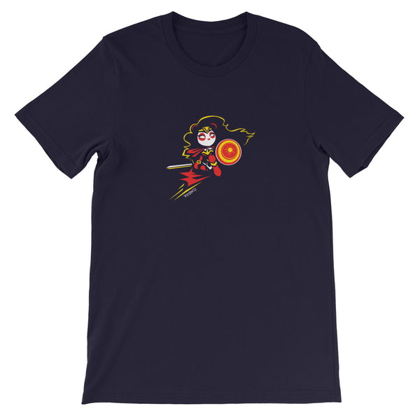 Wonderous Panda, a heroic raven-haired panda drawn by P.M.B.Q. Studios, kneels with her sword and shield ready for battle. This design is printed in white, red and yellow ink on a navy unisex t-shirt.