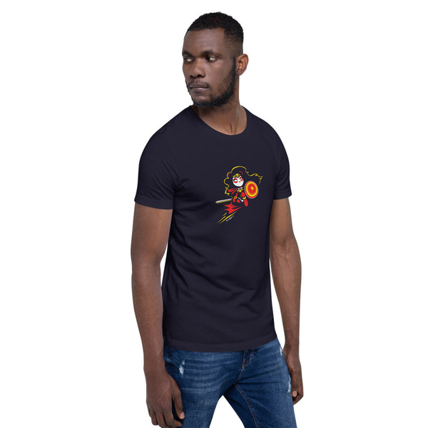 Wonderous Panda, a heroic raven-haired panda drawn by P.M.B.Q. Studios, kneels with her sword and shield ready for battle. This design is printed in white, red and yellow ink on a navy unisex t-shirt. The t-shirt is worn by a male model.