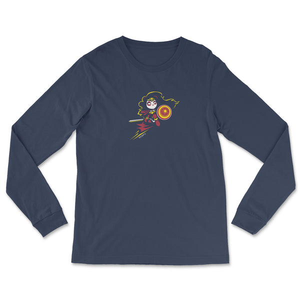 Wonderous Panda, a heroic raven-haired panda drawn by P.M.B.Q. Studios, kneels with her sword and shield ready for battle. This design is printed in white, red and yellow ink on a navy longsleeve unisex t-shirt.
