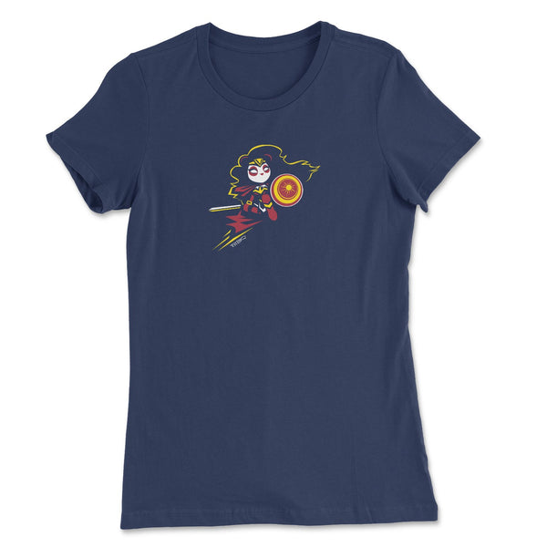 Wonderous Panda, a heroic raven-haired panda drawn by P.M.B.Q. Studios, kneels with her sword and shield ready for battle. This design is printed in white, red and yellow ink on a navy fitted women's t-shirt.